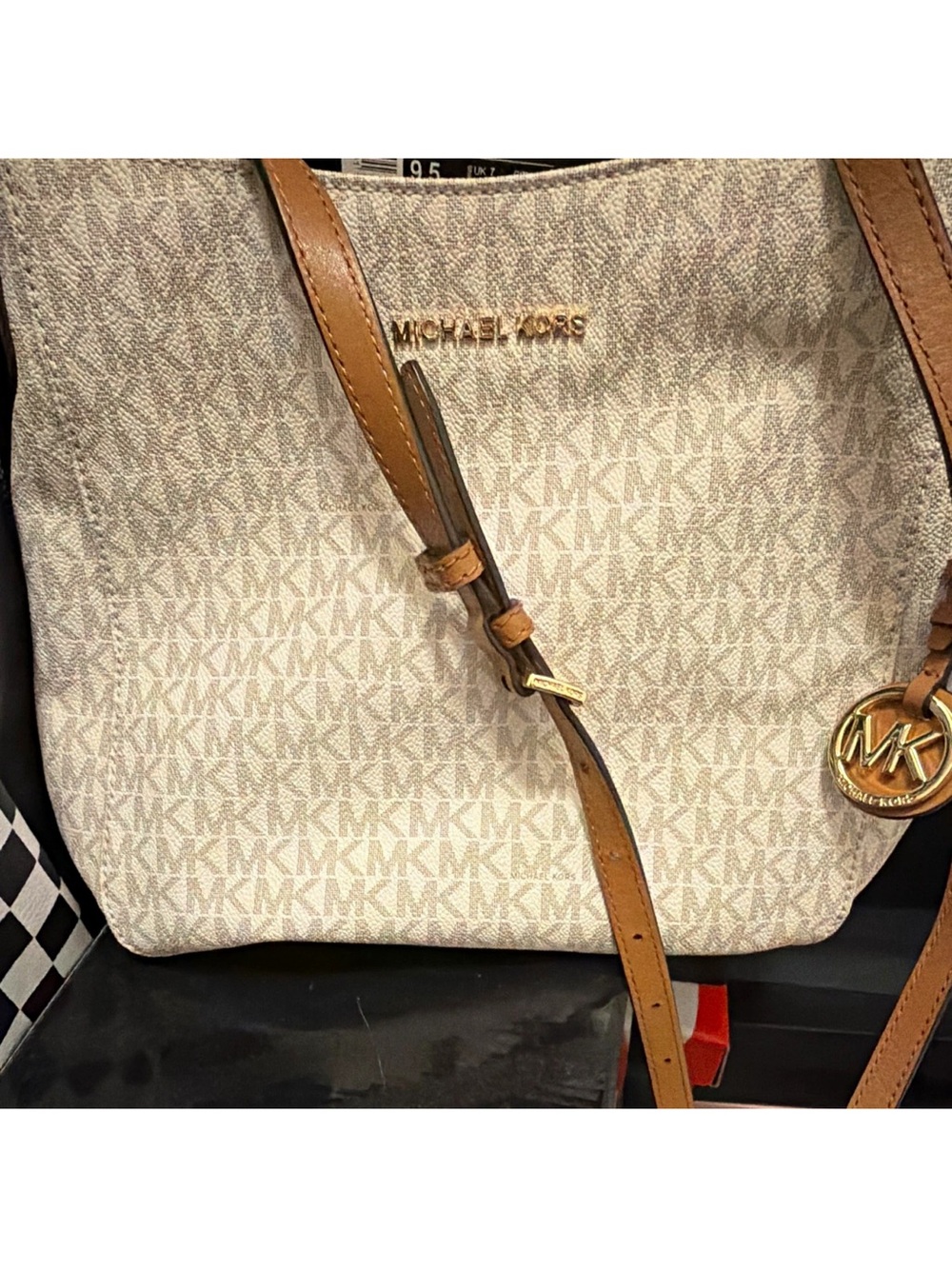 Michael Kors Cream Logo Shoulder Bag with Brown Leather Trim